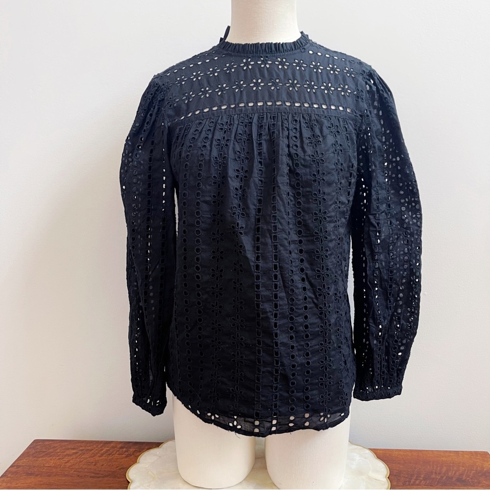 JCrew Black Eyelet Ribbon Tie Long Sleeve Cotton Blouse XS - Picture 2 of 12